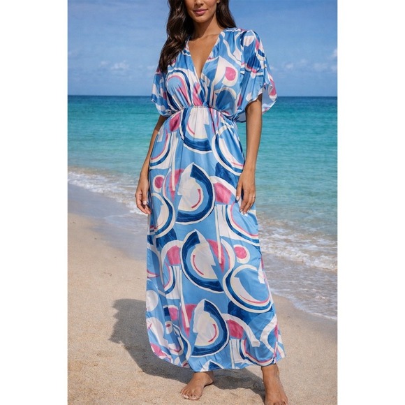 Umgee Dresses & Skirts - Umgee Dress Womens Size L Blue Abstract Midi V-Neck Kimono Sleeve‎ Slits flowy